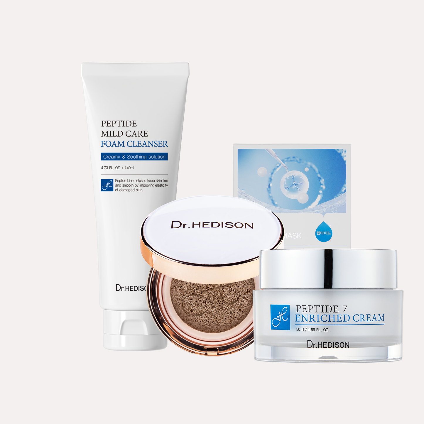 Dr. Hedison Peptide Foam Cleanser & Miracle Cushion & Peptide Hydrating Mask & Peptide Enriched Cream
